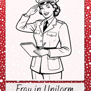 May include: Black and white illustration of a woman in a military uniform saluting, holding a notepad and pen. The image includes the text "Frau in Uniform" and "SVG - PNG - PDF". The background is white with red polka dots.