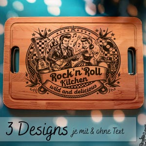 May include: A wooden cutting board with a laser-etched design featuring a rockabilly couple, a guitar, and the text "Rock'n'Roll Kitchen wild and delicious." The image also shows three design options and the text "3 Designs SVG - PNG - PDF."