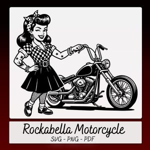 SVG PNG PDF Rockabella Motorcycle File, Rockabilly Comic, Rockabella Karikatur, Rock'n'Roll, Motorrad, Commercial use