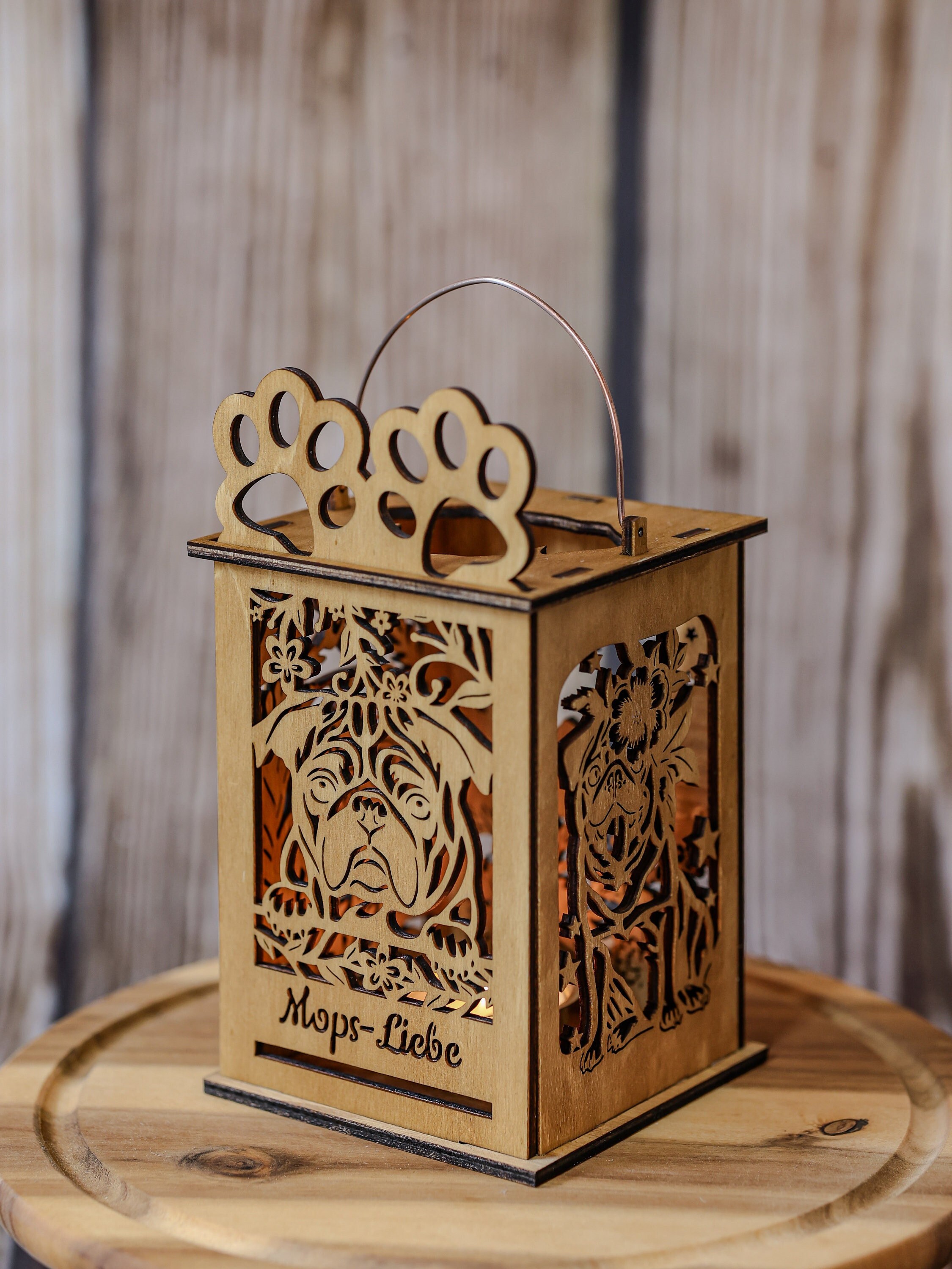 Dog lantern, pug, lantern for tealight, dog, floral, table light, dogs, decoration, gift idea, gift, decoration, wood, wooden decoration tealight