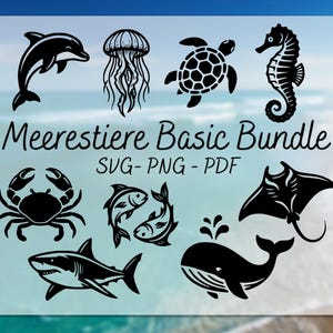 Könnte beinhalten: Schwarz-weiße Illustrationen verschiedener Meerestiere, darunter ein Delfin, eine Qualle, eine Schildkröte, ein Seepferdchen, eine Krabbe, Fische, ein Mantarochen, ein Hai und ein Wal. Der Text "Meerestiere Basic Bundle" ist zu sehen.
