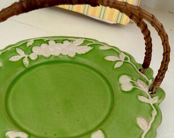 Vintage Majolica Plate | Cherry Motif  Dish | Made in Japan | Green White Ceramic Tableware | Rattan Handle | Embossed Serving Tray