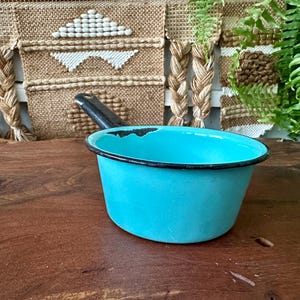 Vintage | Enamel | Granny Core Aesthetic | Aqua Blue | Sauce Pan | Pot | Enameled | Kitchen | Ladle