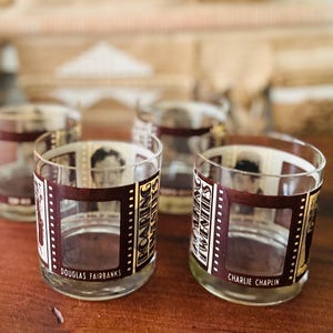Vintage |  1920’s Film Stars |  Set of 4 | Low Ball | Whiskey | Rocks | Glasses | Roaring Twenties | Liquor | Cocktail | Barware