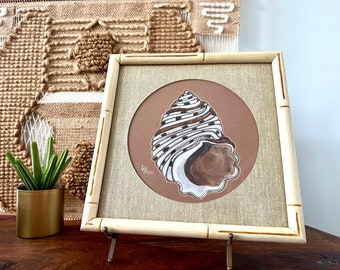 Vintage | Handpainted | Art | Shell | Faux Bamboo Frame | Professionally Framed | MCM | Signed