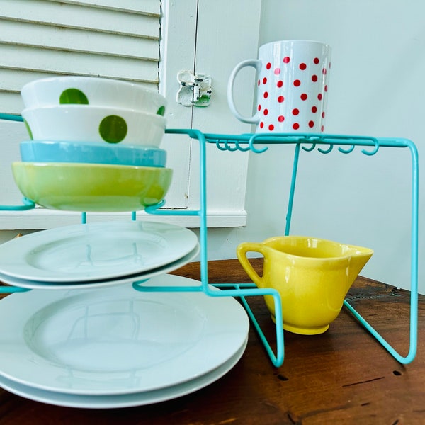 Vintage | Turquoise |  Rubber Coated Wire | Rack | Dish Plate Cup | Storage |  Organizer