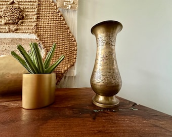 Vintage | Solid Brass | Etched Flower | Vase | India | Floral Leaf | Aged Brass | Boho Chic | Home Decor