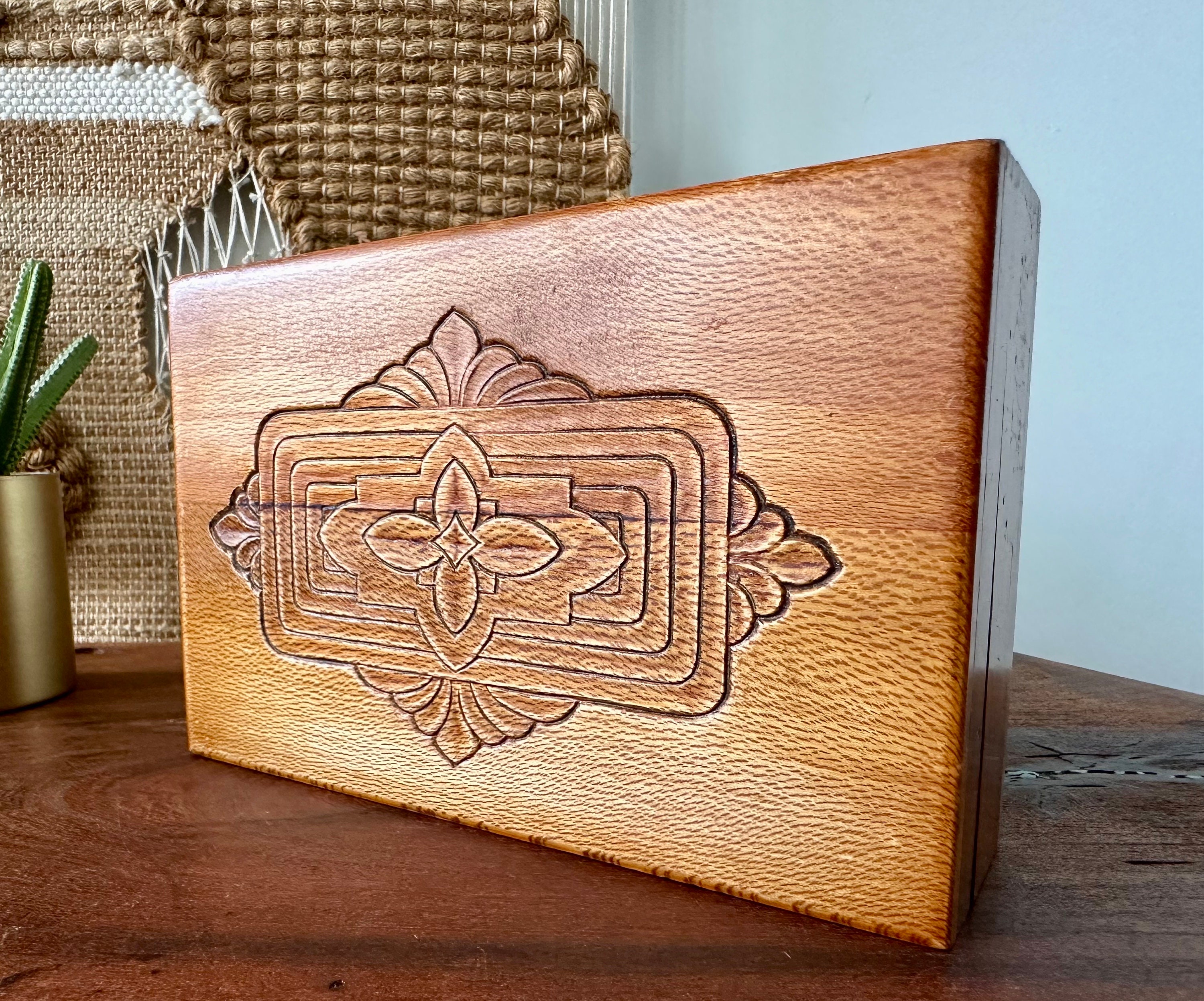 Antique | Wooden | Vintage | Box | Storage | Jewelry | Trinket | Cigar | Dovetailed Corners | Art Deco | Humidor | Carved