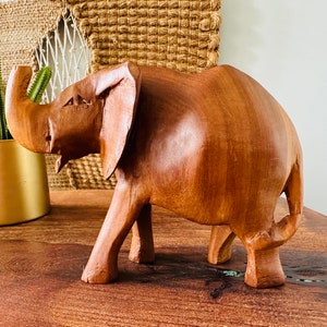 Vintage | Hand Carved | Elephant | Teak? | Trunk Up | African | Safari | Hand Made | Carved Art | Wood