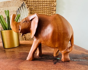 Vintage | Hand Carved | Elephant | Teak? | Trunk Up | African | Safari | Hand Made | Carved Art | Wood