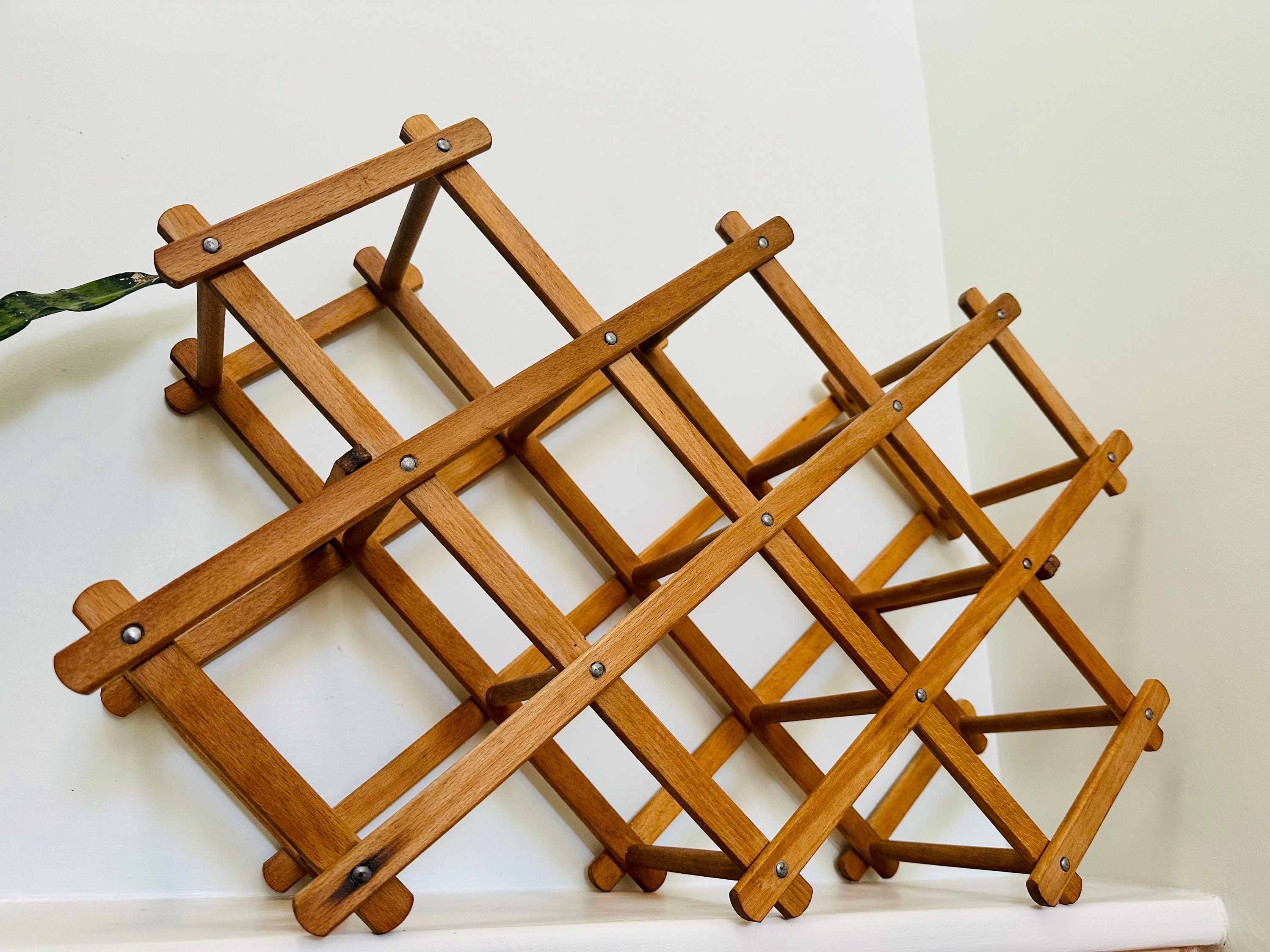 VINTAGE MCM Light Wood 10 Bottle Wine Rack Expanding Accordian Style 24 ...