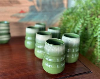 Vintage | Tamac Pottery | Frosty Pine | MCM | Set of 6 Water Tumblers | Biomorphic |  1950’s | Organic Modernist | Oklahoma