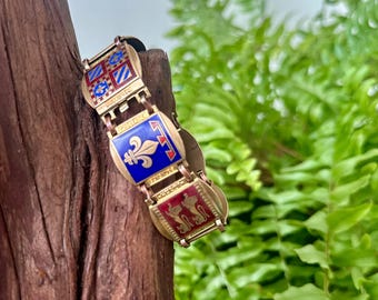 Vintage | WWII | 1940’s | Enamel | France | Souvenir | Tourist | Bracelet | Paneled | Coat of Arms | Brass  | Gold Tone | Gift Box