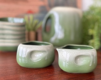 Vintage | Tamac Pottery | Frosty Pine | MCM | Cream Pitcher & Sugar Bowl | Biomorphic |  1950’s | Organic Modernist | Oklahoma