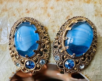 Vintage | German Bohemian Glass | Antique Gold Tone | Blue | Clip On | Filigree | Earrings | Porphyry | Givre | Gift Quality | Gift Box
