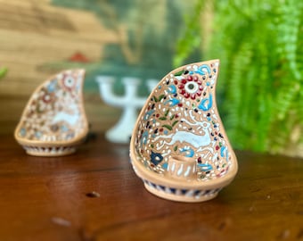 Vintage | Greek Pottery | Wall Sconce | Candle Holder | Folk Art | Deer | Bright Colors | Ciasiranis Keramik | Made in Greece | Blue