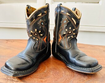 Vintage (1940’s 1950’s) Black Leather Toddler Cowboy Boots with White, Red and Turquoise insets