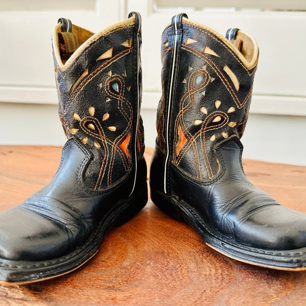 Vintage (1940’s 1950’s) Black Leather Toddler Cowboy Boots with White, Red and Turquoise insets