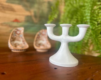 Vintage | MCM | 3 Arm | Candelabra | Candle Holder | Danish Modern Style | Glossy White | Alcobaca | Made in Portugal |