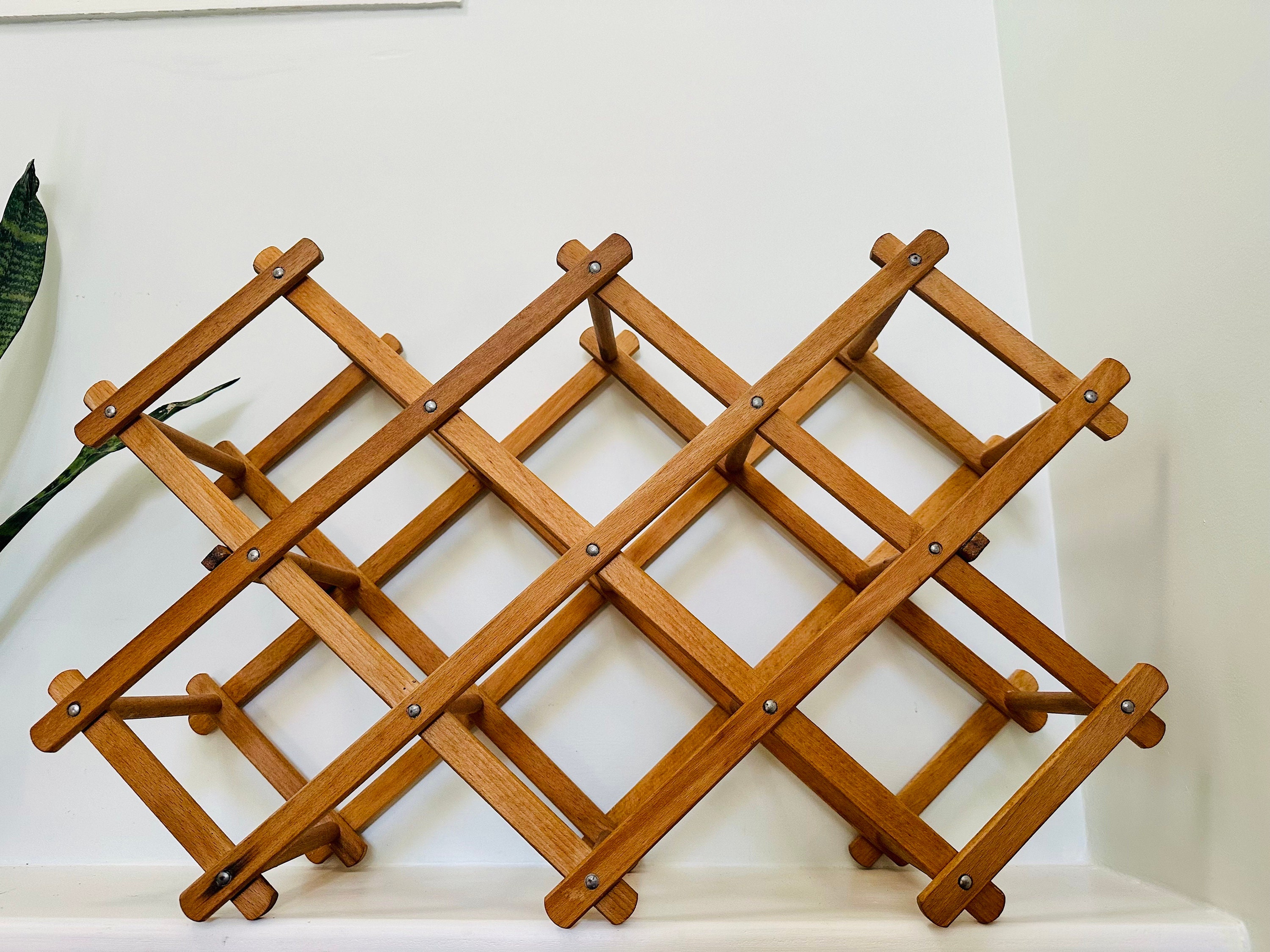 VINTAGE MCM Light Wood 10 Bottle Wine Rack Expanding Accordian Style 24 ...