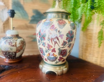Vintage | Wildwood | S Yamachika | Hand Painted |  Japanese Porcelain | Chinoiserie | Lamp | Birds and Flowers | Brass Base | Designer