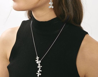 Sterlingzilveren bloemketting en hangoorbellen, handgemaakte sieradenset,