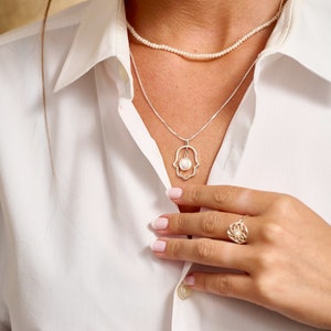 SUPPORT ISRAEL, Hamsa Hand Pendant Necklace, Silver Necklace, Hamsa with Pearl Pendant, Hebrew Luck Charm, Spiritual Jewelry for Women