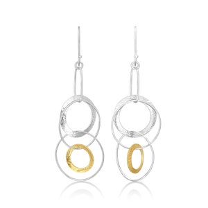 24k Gold Plated & 925 Sterling Silver Multiple Hoop Dangle Earrings, Mixed Metal Drop Earrings, Modern Two Tone Jewelry, Gift for Her