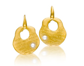 24k Gold Plated Shema Earrings: Jewish Prayer Jewelry, Pearl Dangle, Handmade in Israel