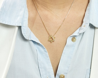 Collana Con Ciondolo Kabbalah Stella Di Davide Placcata Oro 14k E Zirconi, Made In Israel