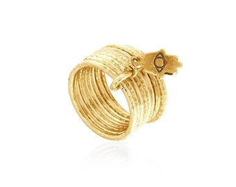 24k Gold Plated Hamsa Hand Charm Ring, Multi Band Ring, Symbolic Ring, Boho Style Ring, Hamsa Hand with Evil Eye Ring, Jewish Jewelry, Women
