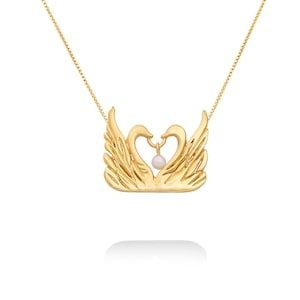 24k Gold Plated Double Swan and Pearl Pendant Necklace, Heart and Wings Charm Necklace for Women, Gold Love Necklace, Birthday Gift