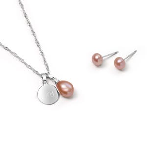 Freshwater Pearl Pendant Necklace with Earrings Set, 925 Sterling Silver Teardrop Pendant, Pink Cultured Pearl Pendant for Women