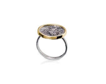 24k Gold & Silver Ring, Round Coin Ring, Ethiopian Jewelry, Symbolic Ring, Medallion Shape Setting, Cocktail Ring for Women, Birthday Gift