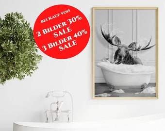 Bathroom wall art, funny bathroom poster, living room poster, moose bathing, wall art, black and white wall art b252