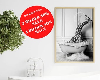 Bathroom wall art, funny bathroom poster, living room poster, cute giraffe taking a bath, wall art, black and white wall art b257