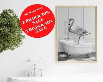 Bathroom wall art, funny bathroom poster, living room poster, flamingo bathing, wall art, black and white wall art b255