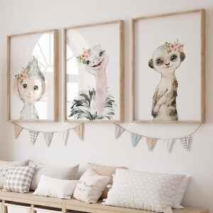 Kinderzimmer Poster Set, Wasserfarben, 3-er Set Wandbilder, Bilder Babyzimmer Deko Safari Tiere, Kunstdruck Baby Wanddeko  b238