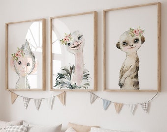 Kinderzimmer Poster Set, Wasserfarben, 3-er Set Wandbilder, Bilder Babyzimmer Deko Safari Tiere, Kunstdruck Baby Wanddeko  b238