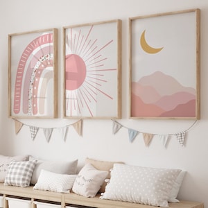 Boho Kinderzimmer Poster Set, Rosa Sonne Mond Wasserfarben, 3-er Set Wandbilder, Mädchen Babyzimmer, Kunstdruck Baby Wanddeko b245
