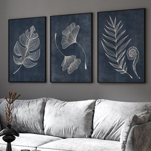Blätter Abstrakte Kunst, Dunkelblau Rauch Wandbilder Schlafzimmer Poster Set, Wandposter, Wohnzimmer, Dekoration, Abstrakte Wandkunst b152