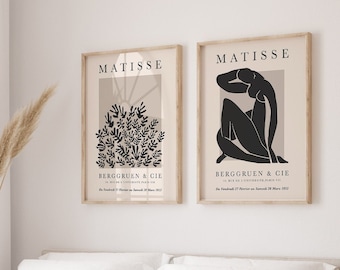 Set of 2 Henri Matisse wall posters, large wall art, living room, black and white, beige, pink, green, blue abstract wall art a131
