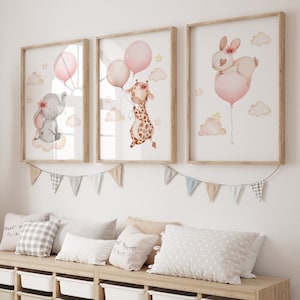 Kinderzimmer Poster 3er Set, Poster für das Babyzimmer, Elefant, Giraffe, Hase Rosa Wandbilder, Mädchenzimmer, Tiere mit Luftballons b162