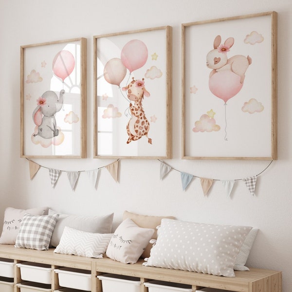 Kinderzimmer Poster 3er Set, Poster für das Babyzimmer, Elefant, Giraffe, Hase Rosa Wandbilder, Mädchenzimmer, Tiere mit Luftballons b162