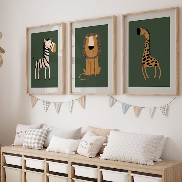 Kinderzimmer Poster Set, 3-er Set Wandbilder, Bilder Babyzimmer Deko Safari Tiere, Kunstdruck Baby Wanddeko  b235