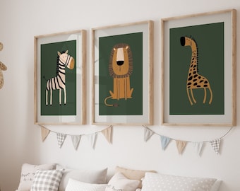 Children's Room Poster Set, 3-Piece Wall Art Set, Baby Room Decor Pictures Safari Animals, Art Print Baby Wall Decor b235
