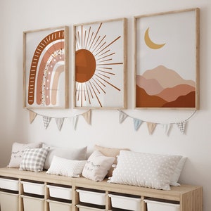 Boho Kinderzimmer Poster Set, Beige Sonne Mond Wasserfarben, 3-er Set Wandbilder, Bilder Babyzimmer, Kunstdruck Baby Wanddeko b243