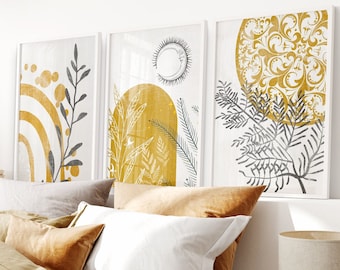 Set of 3 posters, Boho wall art for living room, Boho wall posters, poster set, yellow wall art, bedroom decoration b222