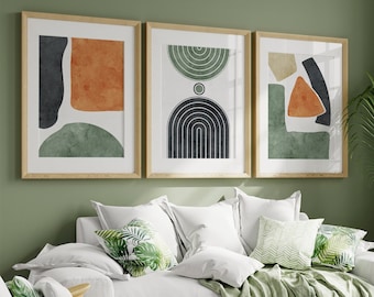 Conjunto de 3 piezas de arte de pared bohemio, decoración de pared, arte escandinavo, conjunto de póster naranja y verde, negro, sala de estar, dormitorio k110