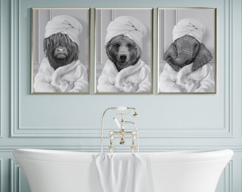 Set of 3 wall art prints, funny bathroom art, animals with bathrobes, modern neutral prints, bathroom posters, bedroom decor b250